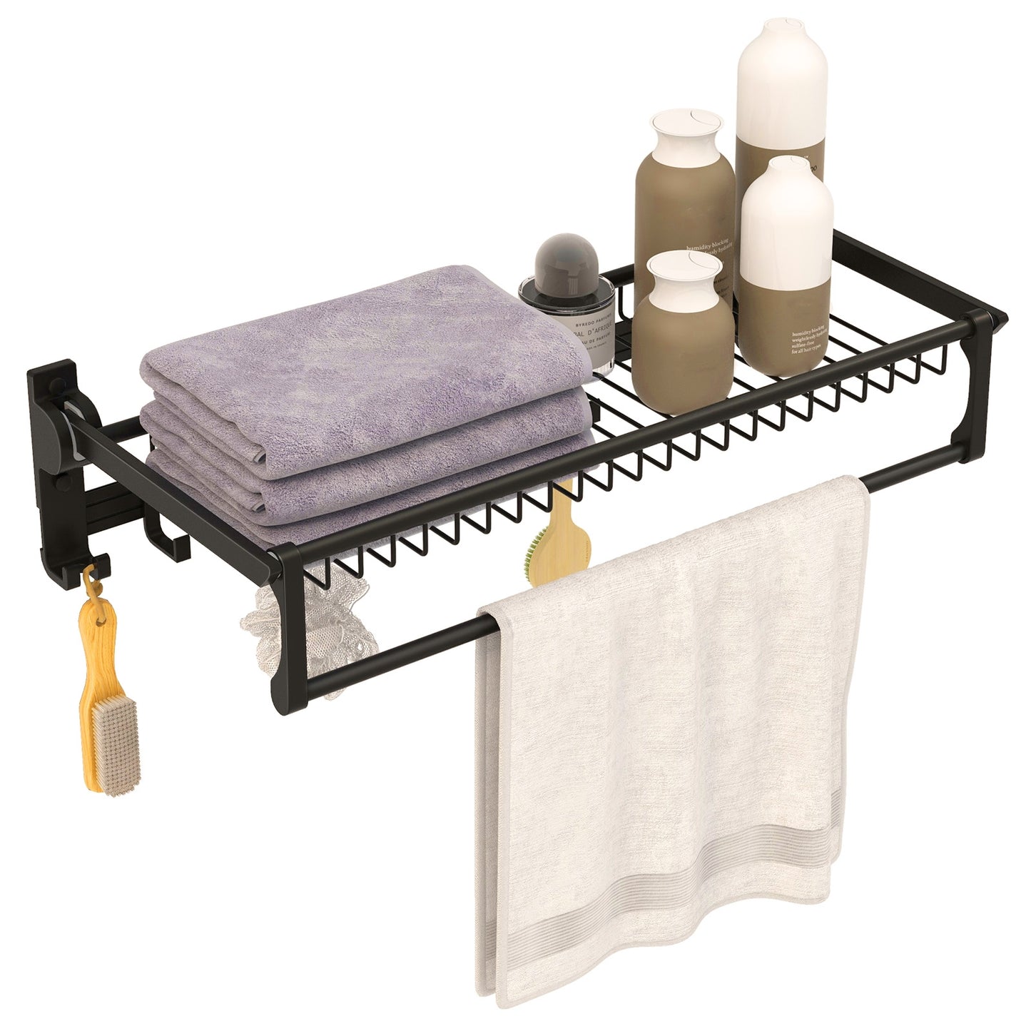 Foldable Space Aluminum Towel Rack with Storage Basket and Hooks