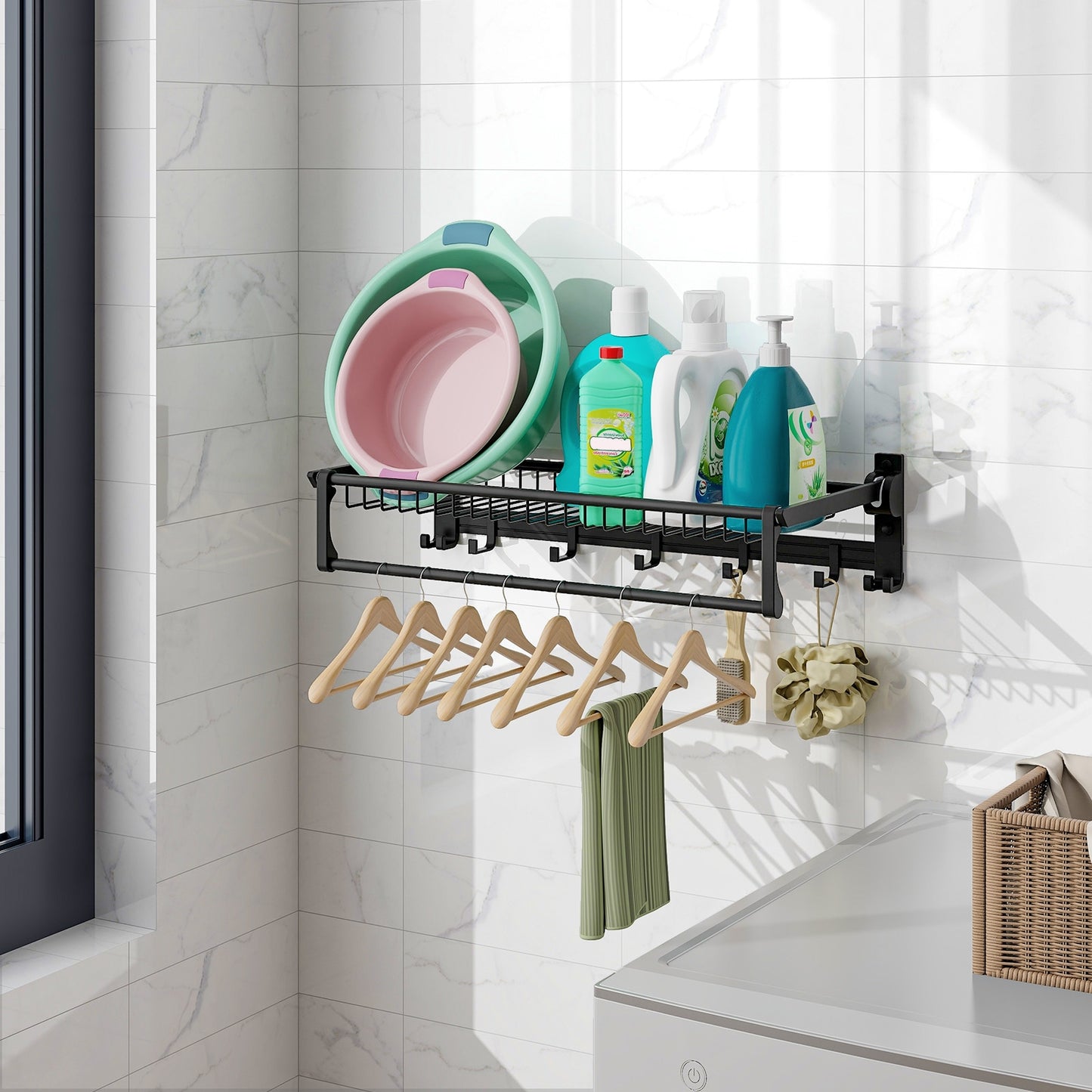 Foldable Space Aluminum Towel Rack with Storage Basket and Hooks
