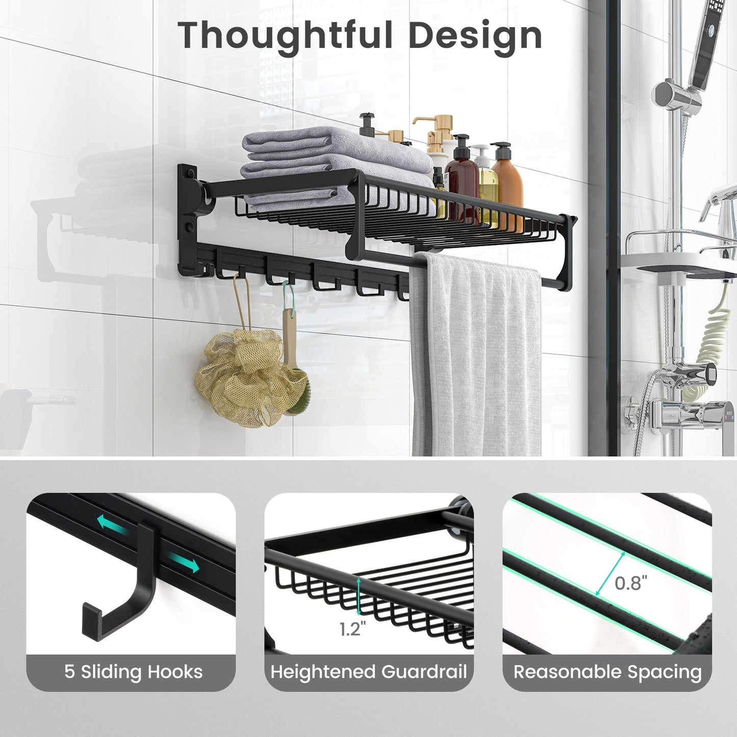 Foldable Space Aluminum Towel Rack with Storage Basket and Hooks
