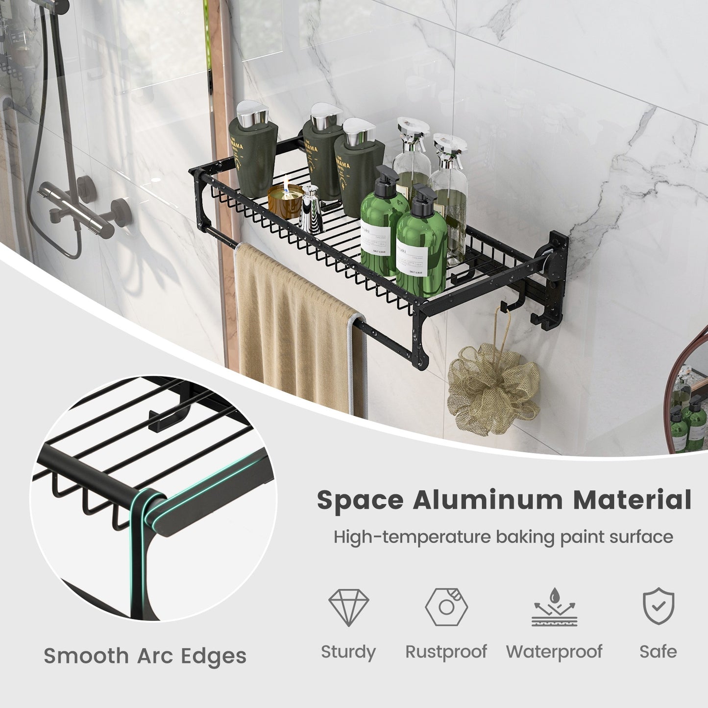 Foldable Space Aluminum Towel Rack with Storage Basket and Hooks