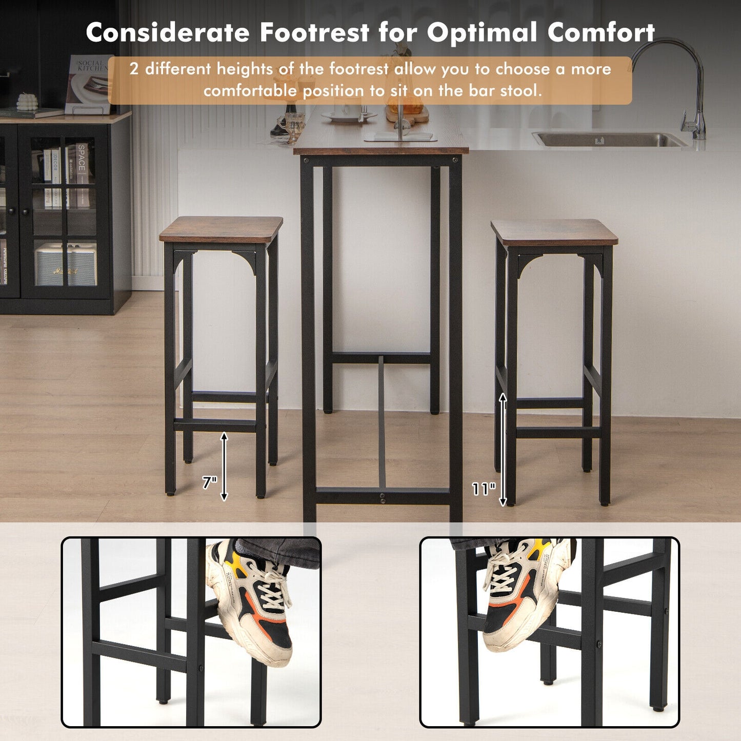 28 Inch Bar Chairs Set of 2 with Ergonomic Footrest and Adjustable Pads for Stability