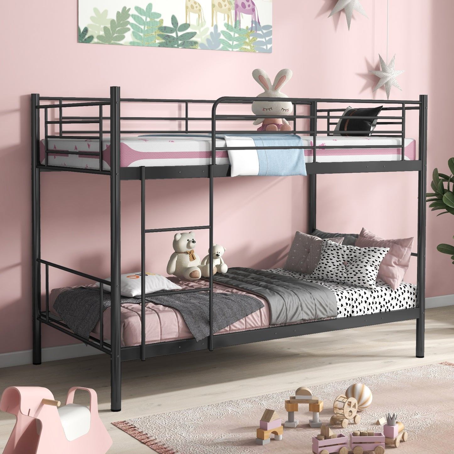 Sturdy Metal Bunk Bed with Ladder and Full-Length Guardrails for Safety - Black