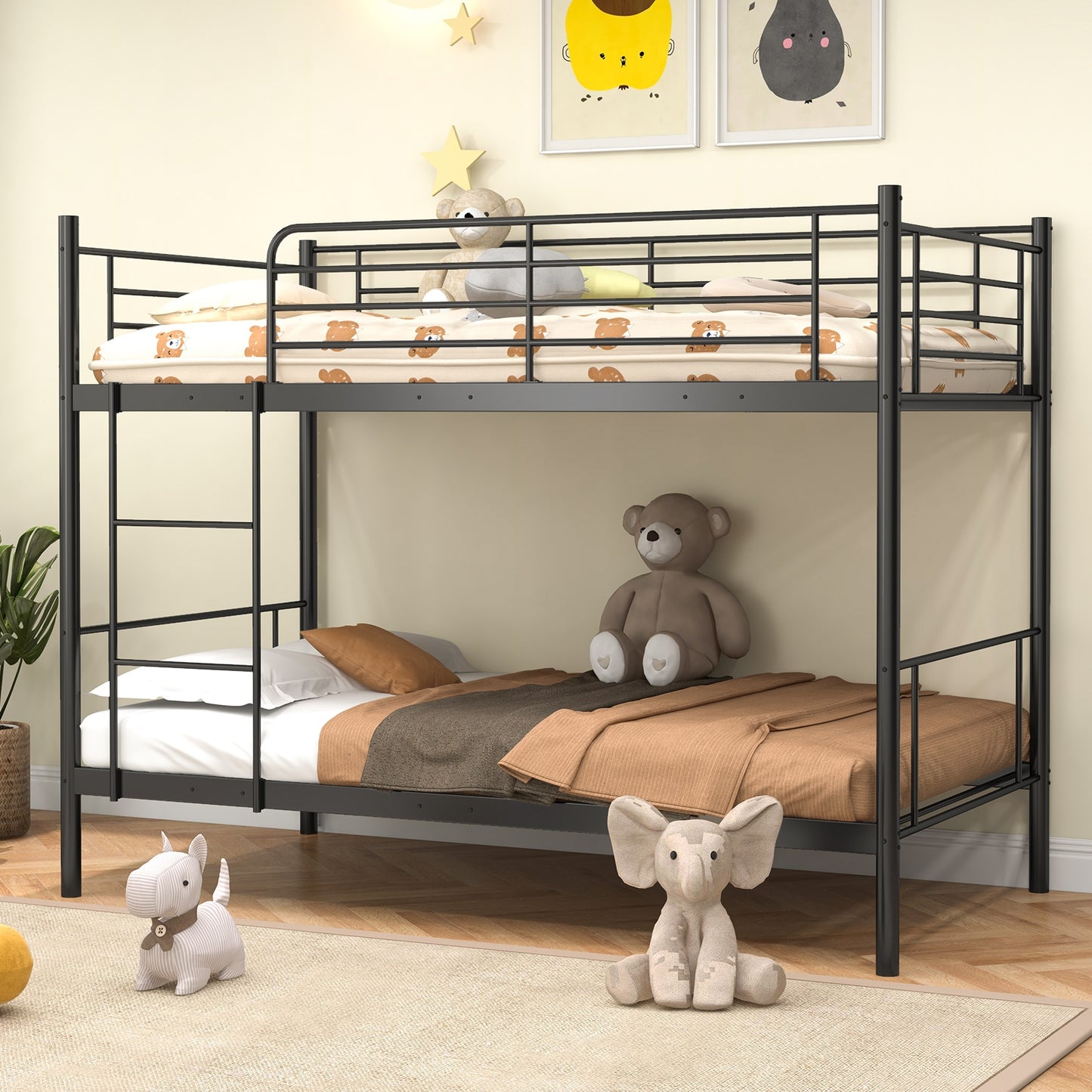 Sturdy Metal Bunk Bed with Ladder and Full-Length Guardrails for Safety - Black