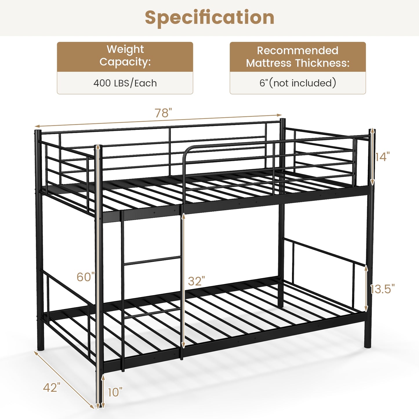 Sturdy Metal Bunk Bed with Ladder and Full-Length Guardrails for Safety - Black