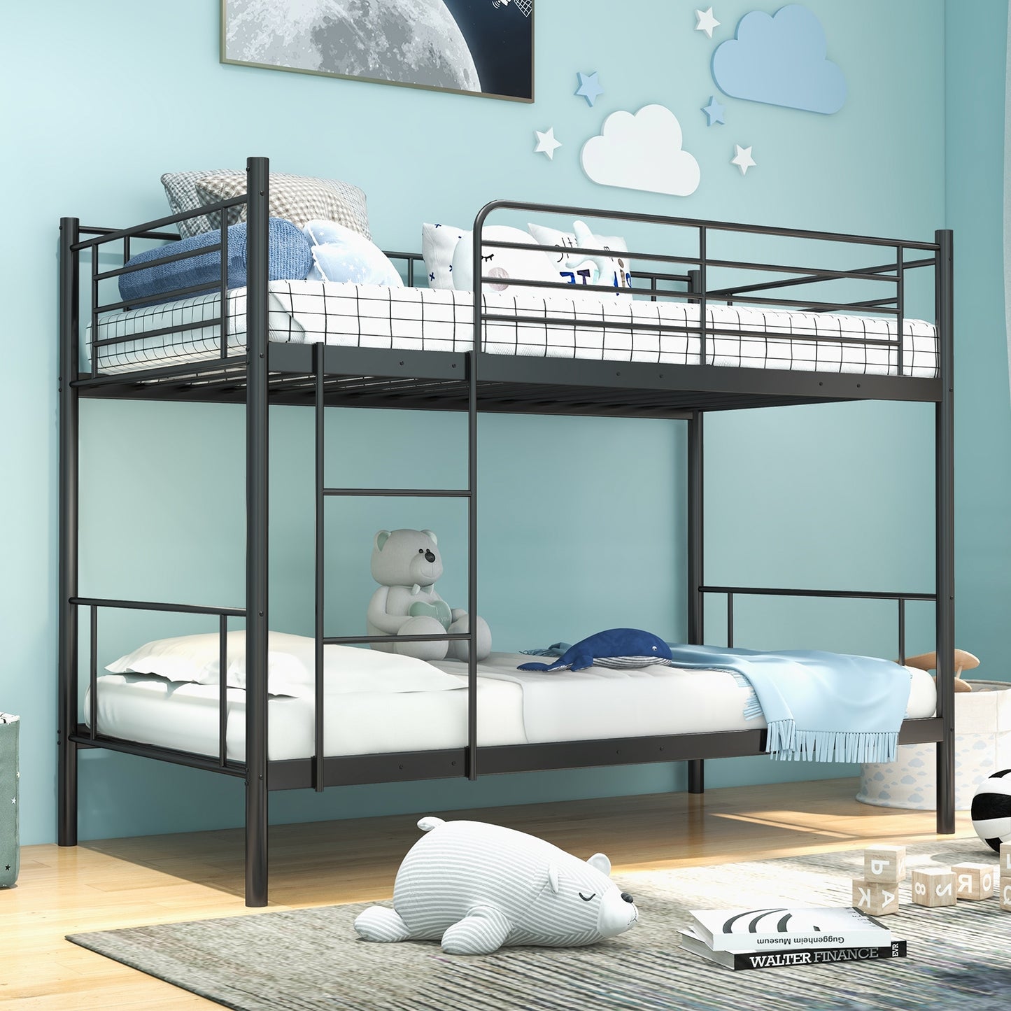 Sturdy Metal Bunk Bed with Ladder and Full-Length Guardrails for Safety - Black