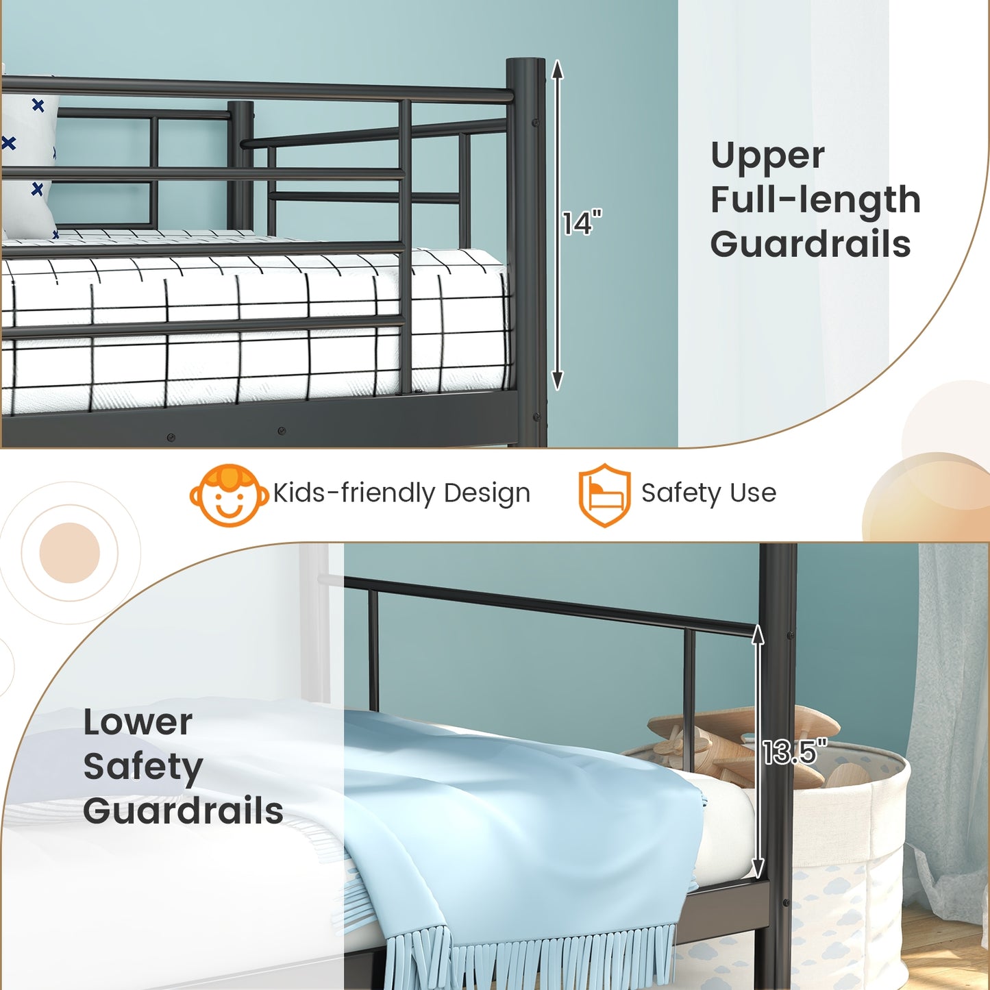 Sturdy Metal Bunk Bed with Ladder and Full-Length Guardrails for Safety - Black