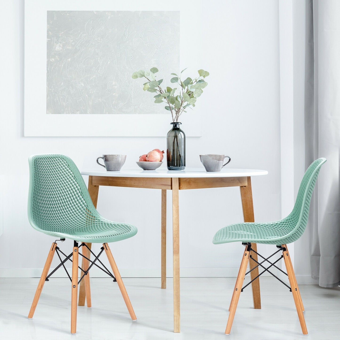 Set of 2 Modern Plastic Hollow Dining Chairs with Wooden Legs for Home and Office - Green