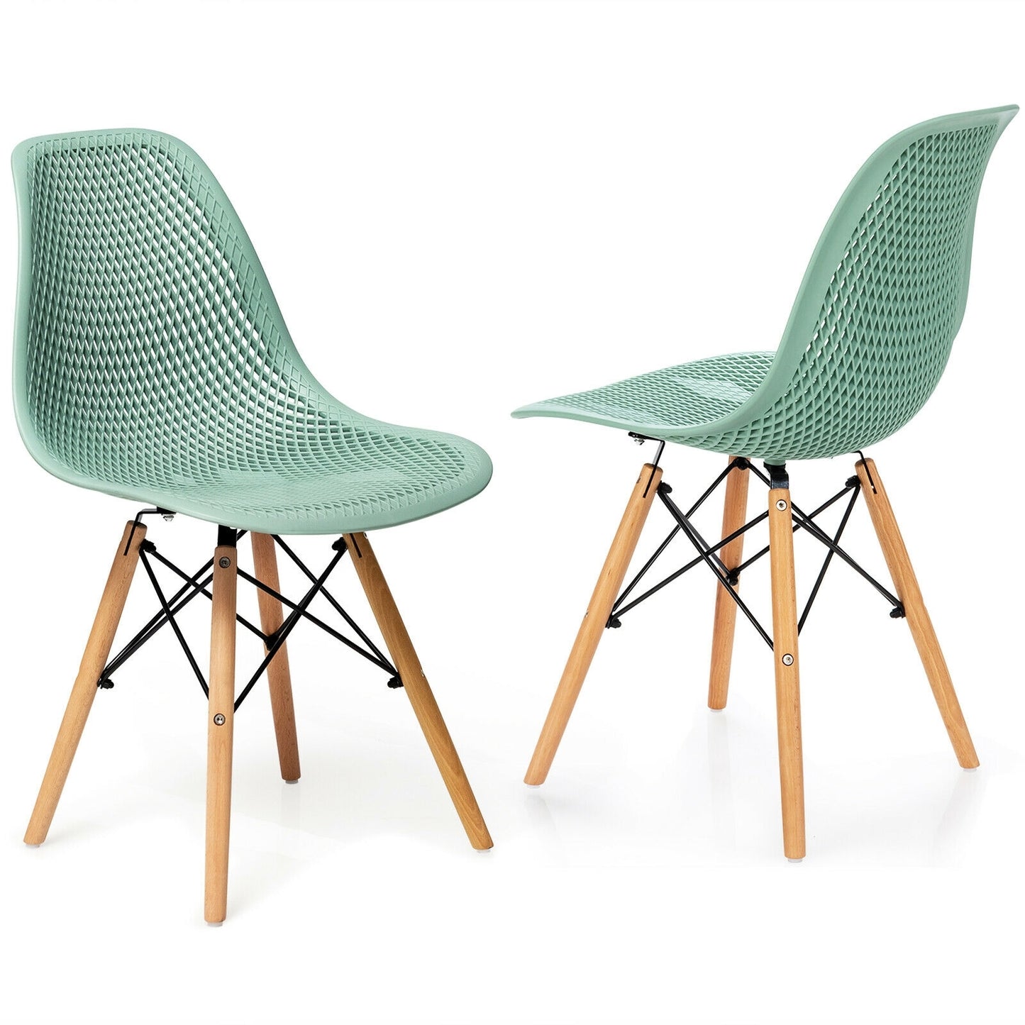 Set of 2 Modern Plastic Hollow Dining Chairs with Wooden Legs for Home and Office - Green