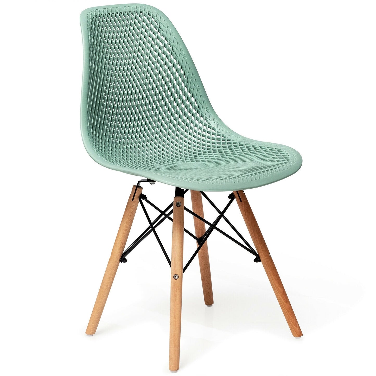 Set of 2 Modern Plastic Hollow Dining Chairs with Wooden Legs for Home and Office - Green
