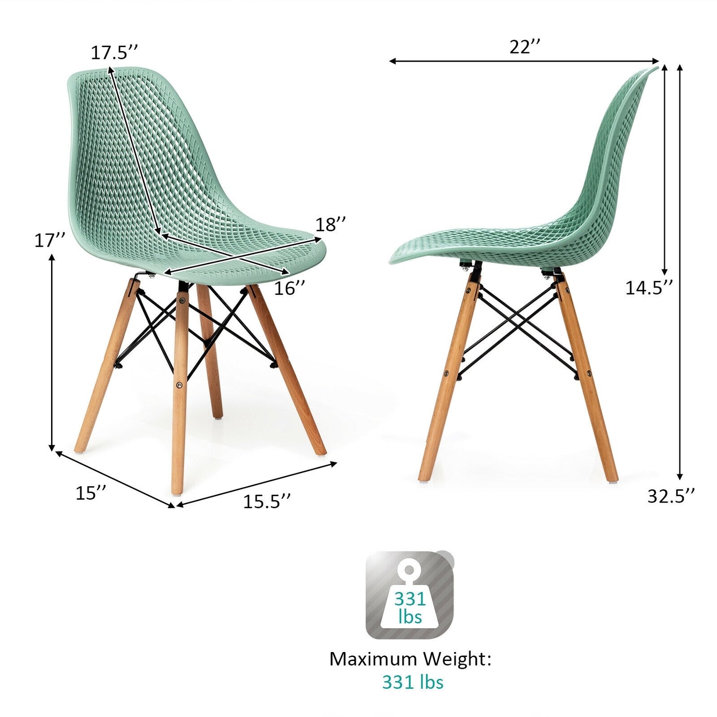 Set of 2 Modern Plastic Hollow Dining Chairs with Wooden Legs for Home and Office - Green
