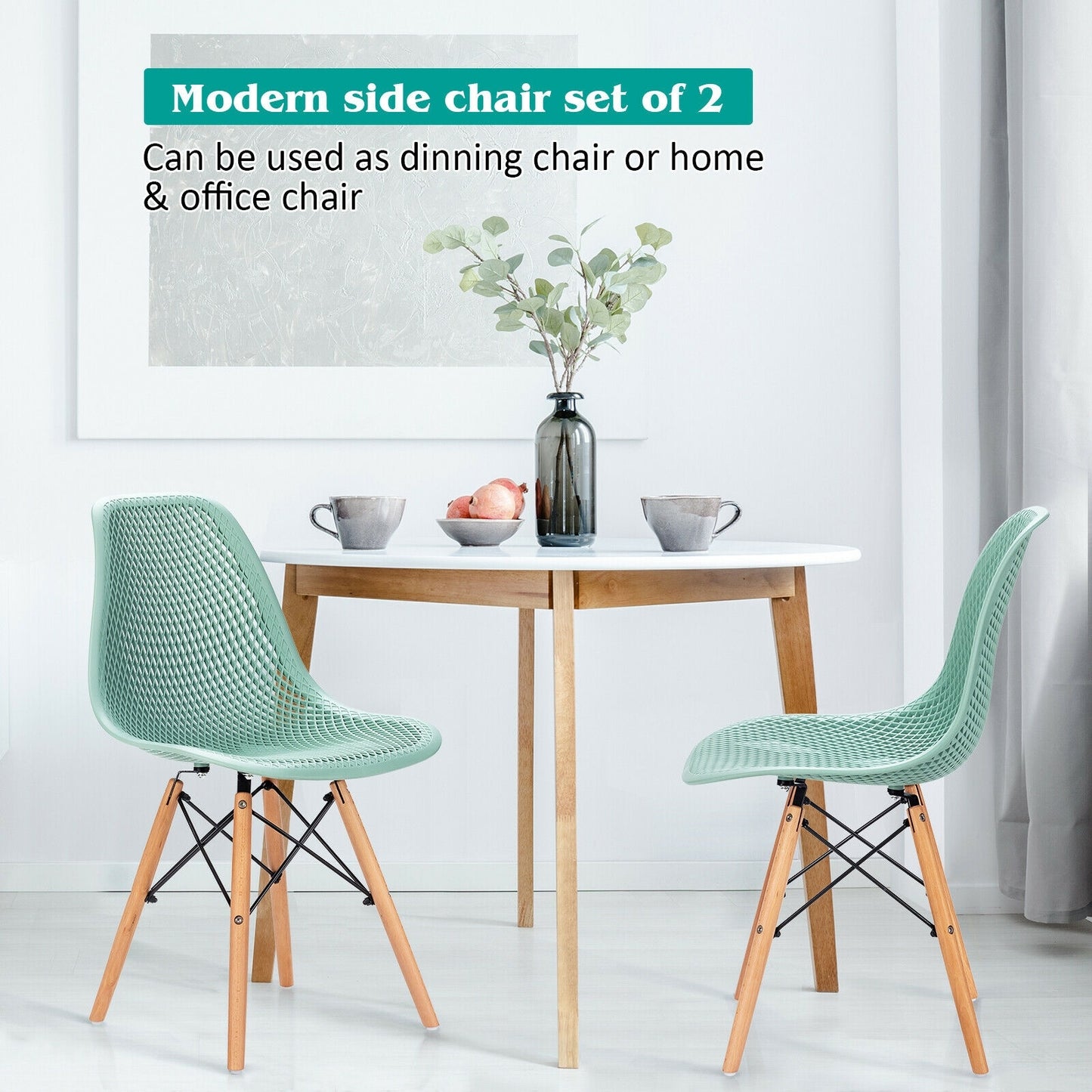 Set of 2 Modern Plastic Hollow Dining Chairs with Wooden Legs for Home and Office - Green