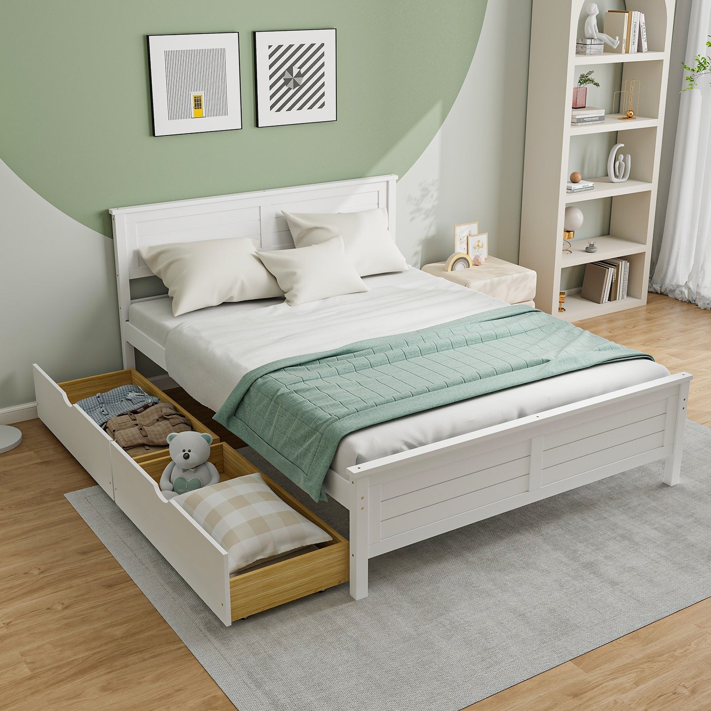 Full Size Platform Bed Frame with Storage Drawers & Solid Wood Headboard – Elegant White Design