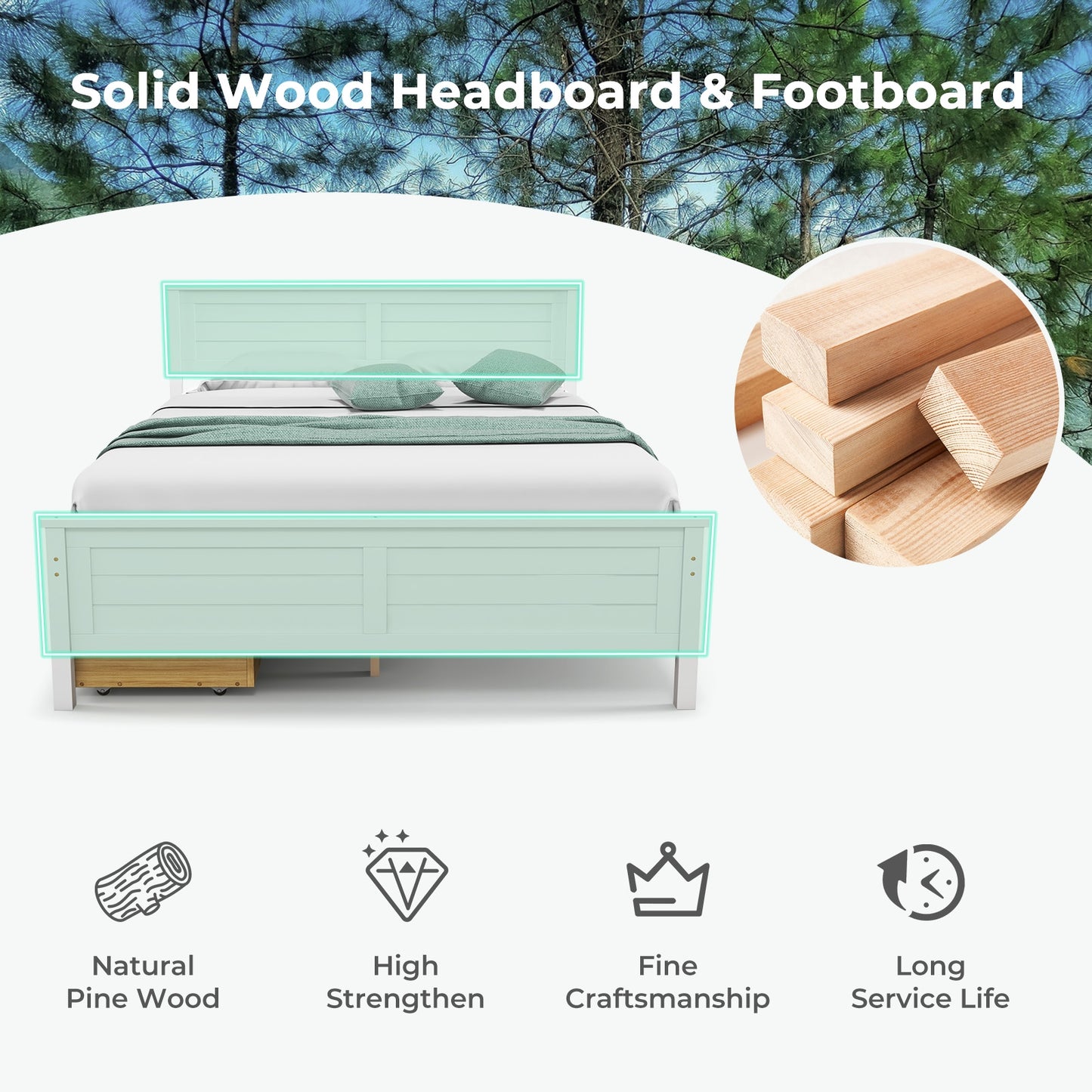 Full Size Platform Bed Frame with Storage Drawers & Solid Wood Headboard – Elegant White Design