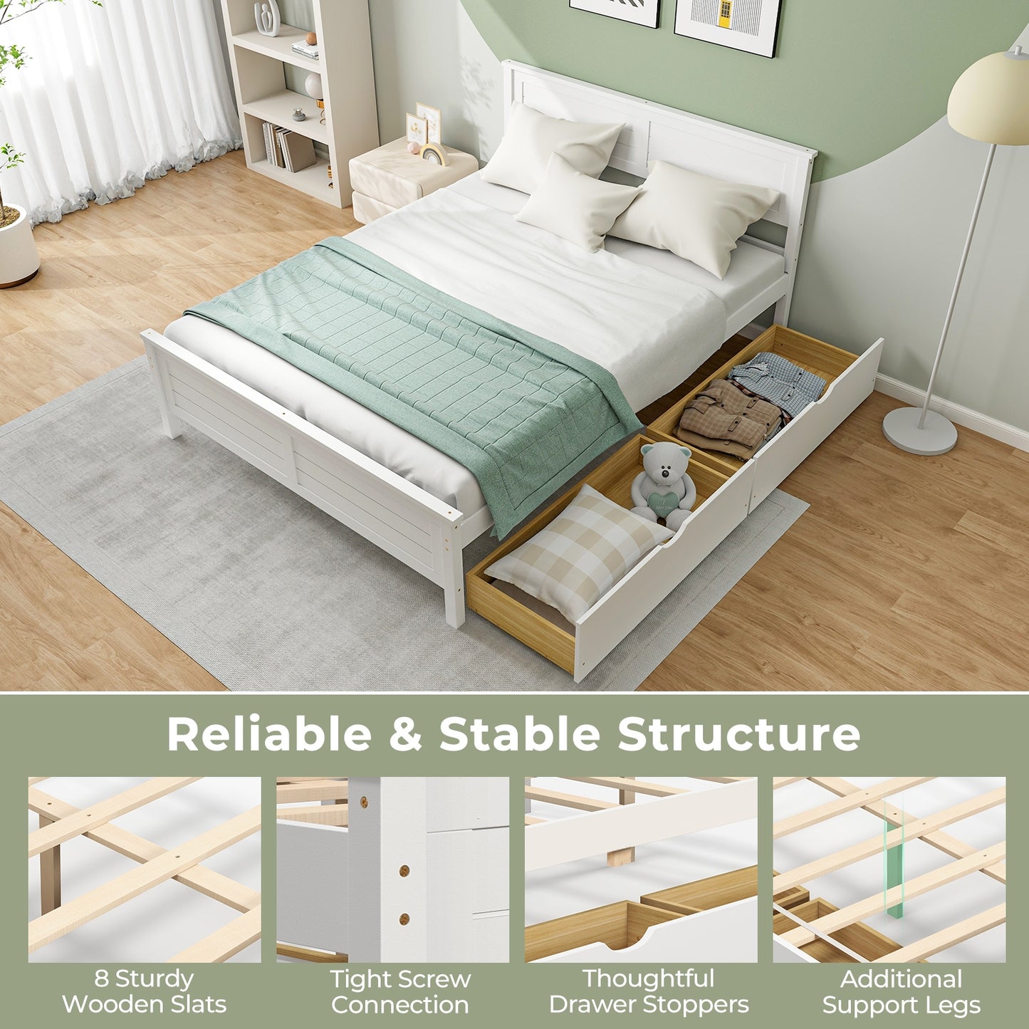 Full Size Platform Bed Frame with Storage Drawers & Solid Wood Headboard – Elegant White Design