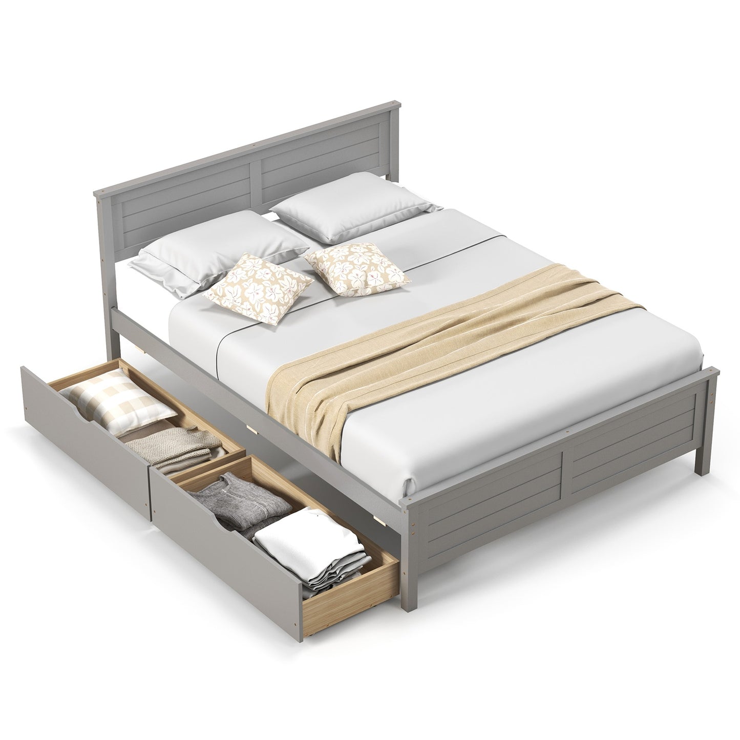 Full Size Platform Bed Frame with Storage Drawers & Solid Wood Headboard – Elegant Grey Design