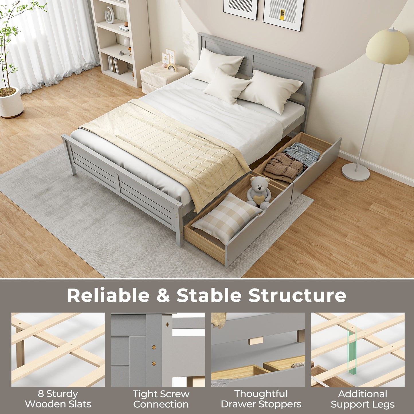Full Size Platform Bed Frame with Storage Drawers & Solid Wood Headboard – Elegant Grey Design