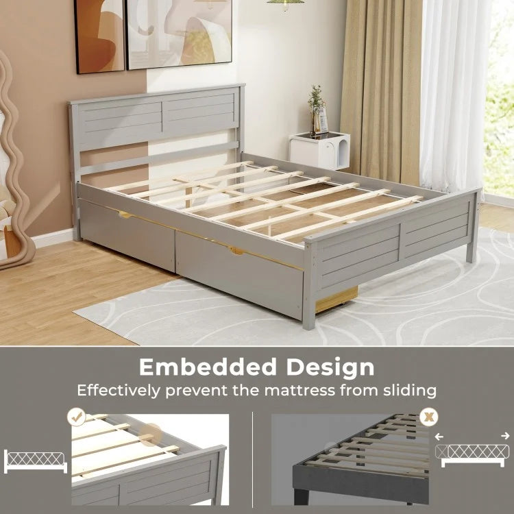 Full Size Platform Bed Frame with Storage Drawers & Solid Wood Headboard – Elegant Grey Design