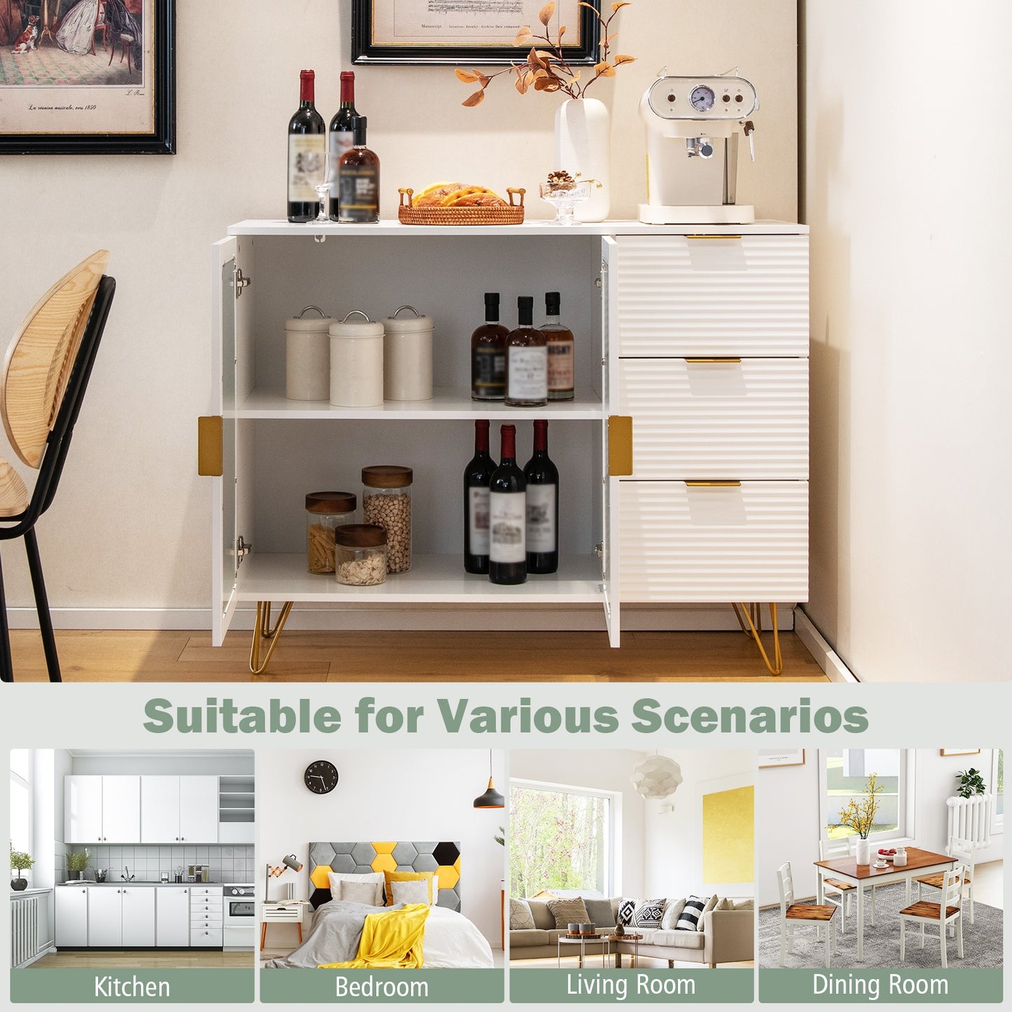 Contemporary Buffet Sideboard with 2 Cabinet Doors and 3 Drawers for Living and Dining Rooms