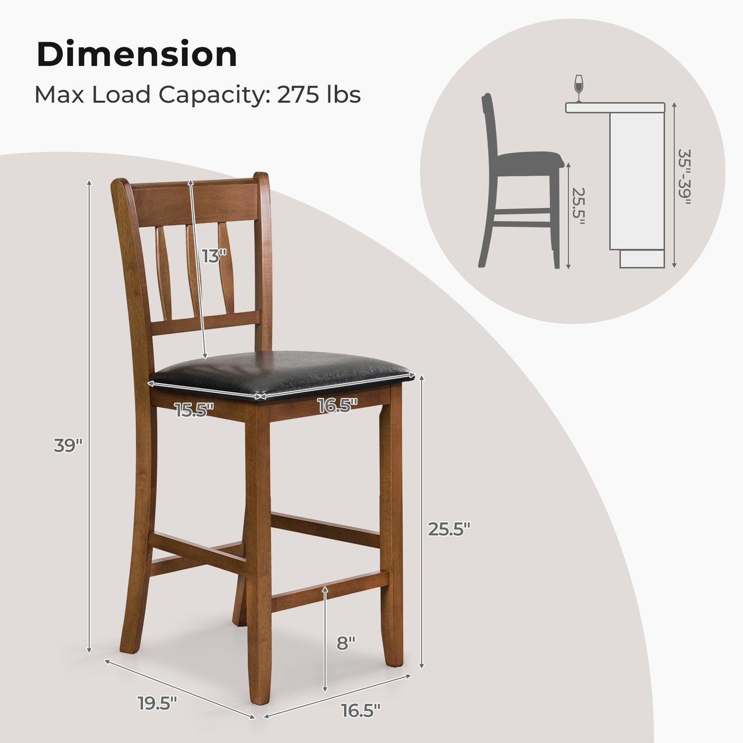 25.5 Inch Counter Height Bar Chairs with Backrest and Padded Seat – Set of 2