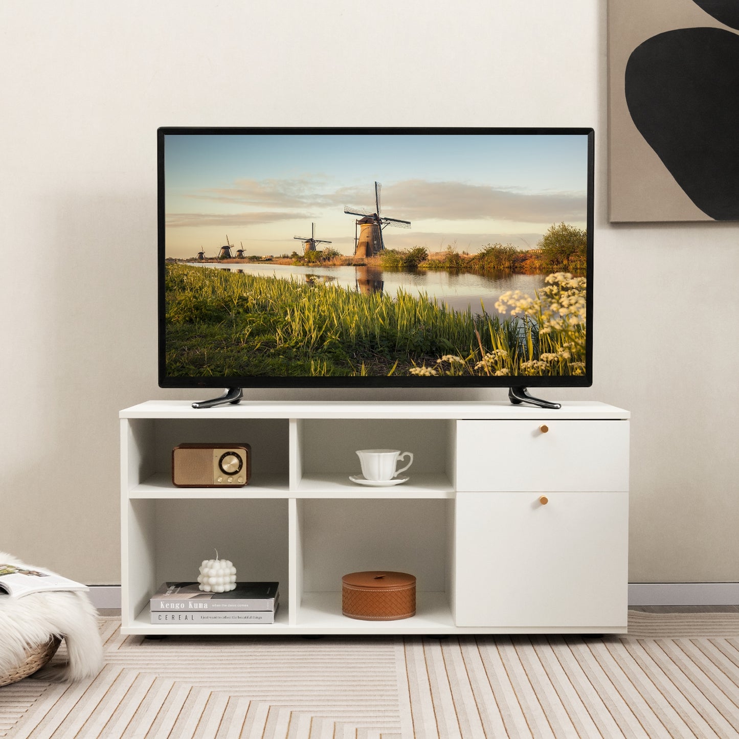 Versatile Storage Cabinet TV Console with 2 Drawers and 4 Cubes Fits TVs up to 49 Inches