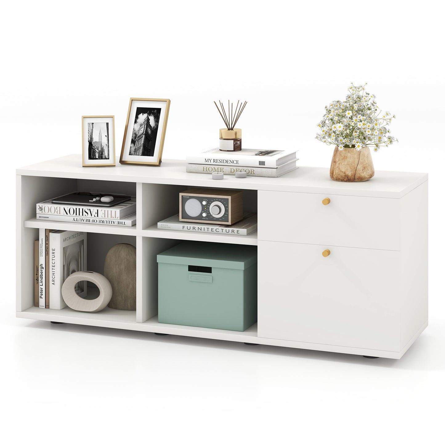 Versatile Storage Cabinet TV Console with 2 Drawers and 4 Cubes Fits TVs up to 49 Inches