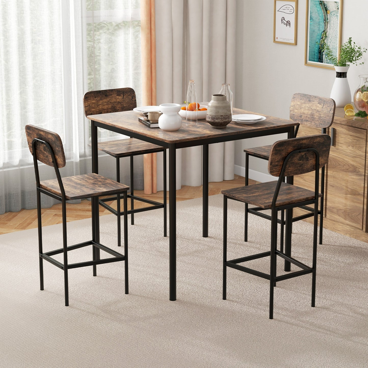 Modern 5 Piece Counter Height Dining Set with Square Table and 4 Bar Stools Coffee Finish