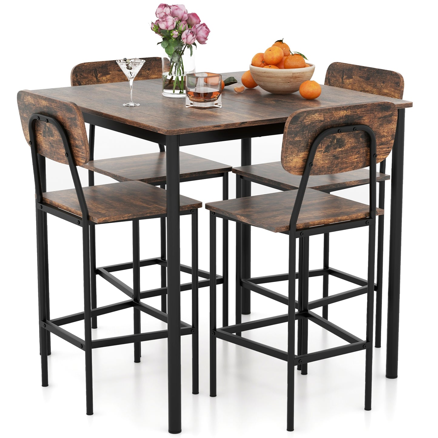 Modern 5 Piece Counter Height Dining Set with Square Table and 4 Bar Stools Coffee Finish