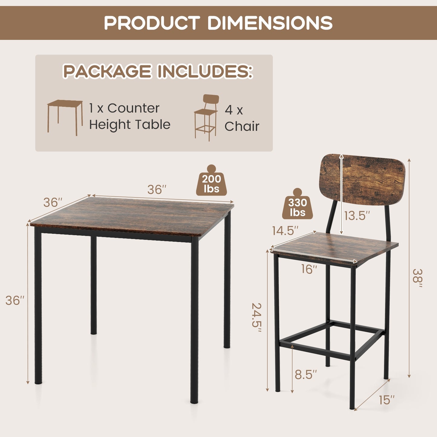 Modern 5 Piece Counter Height Dining Set with Square Table and 4 Bar Stools Coffee Finish