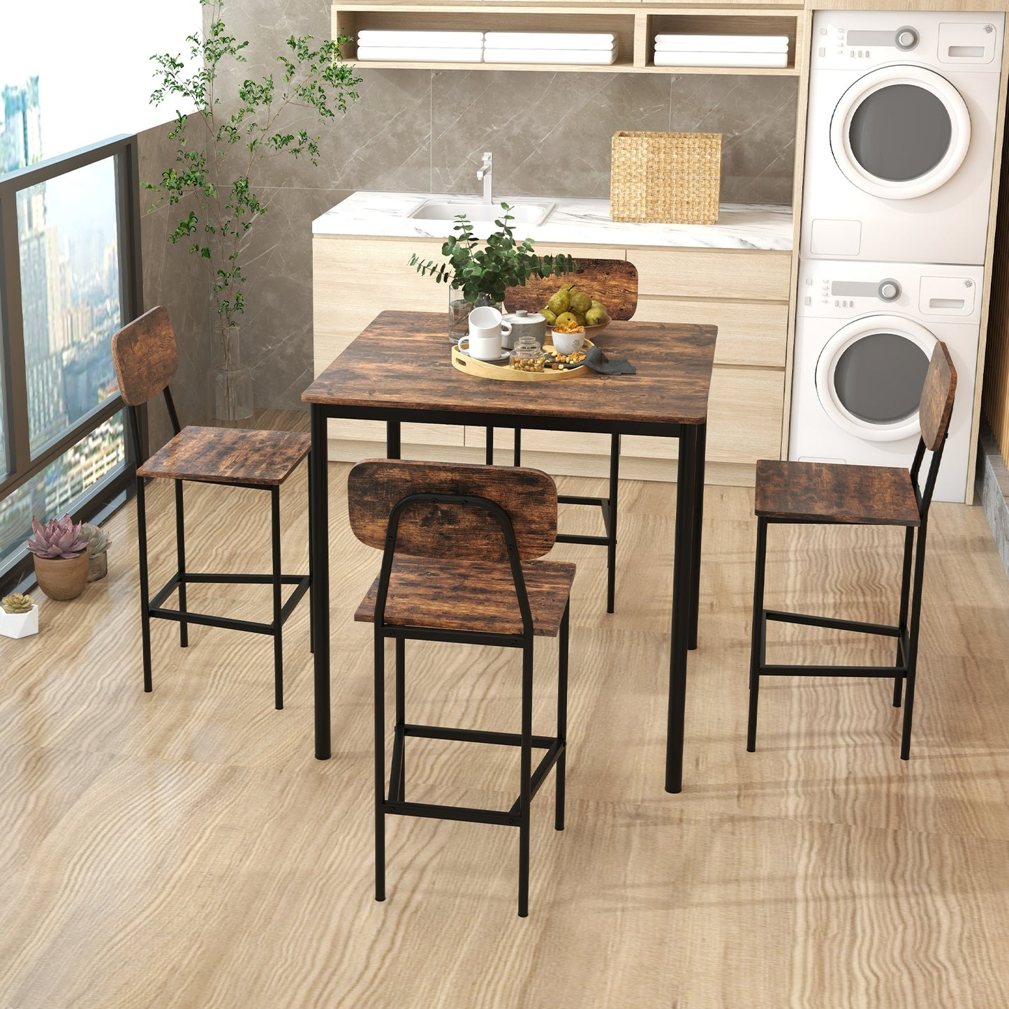Modern 5 Piece Counter Height Dining Set with Square Table and 4 Bar Stools Coffee Finish