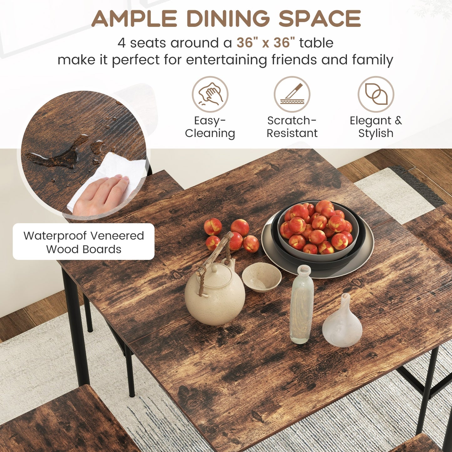 Modern 5 Piece Counter Height Dining Set with Square Table and 4 Bar Stools Coffee Finish