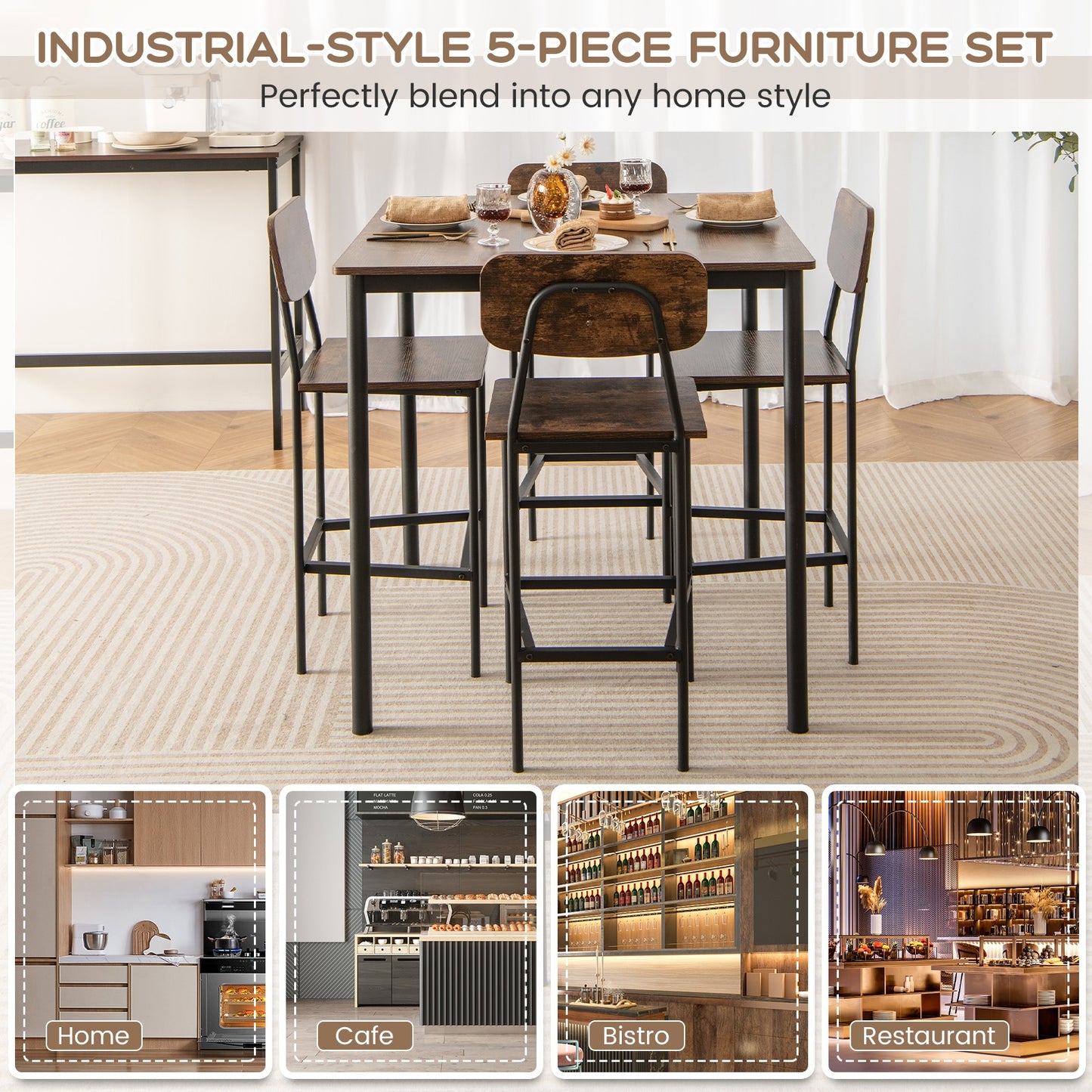 Modern 5 Piece Counter Height Dining Set with Square Table and 4 Bar Stools Coffee Finish