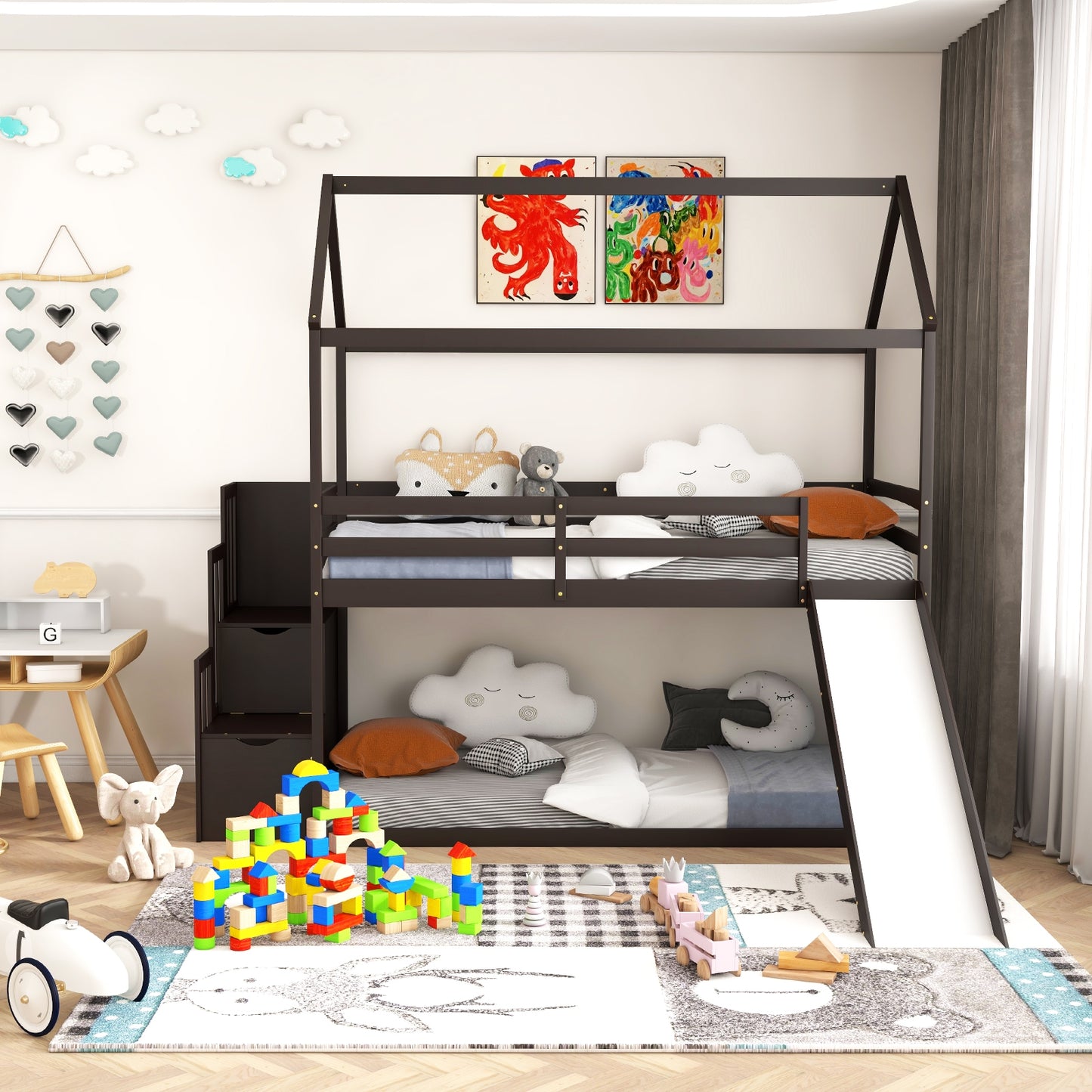 Whimsical Twin Loft Bed with Roof, Slide, and Storage Staircase for Kids - Espresso