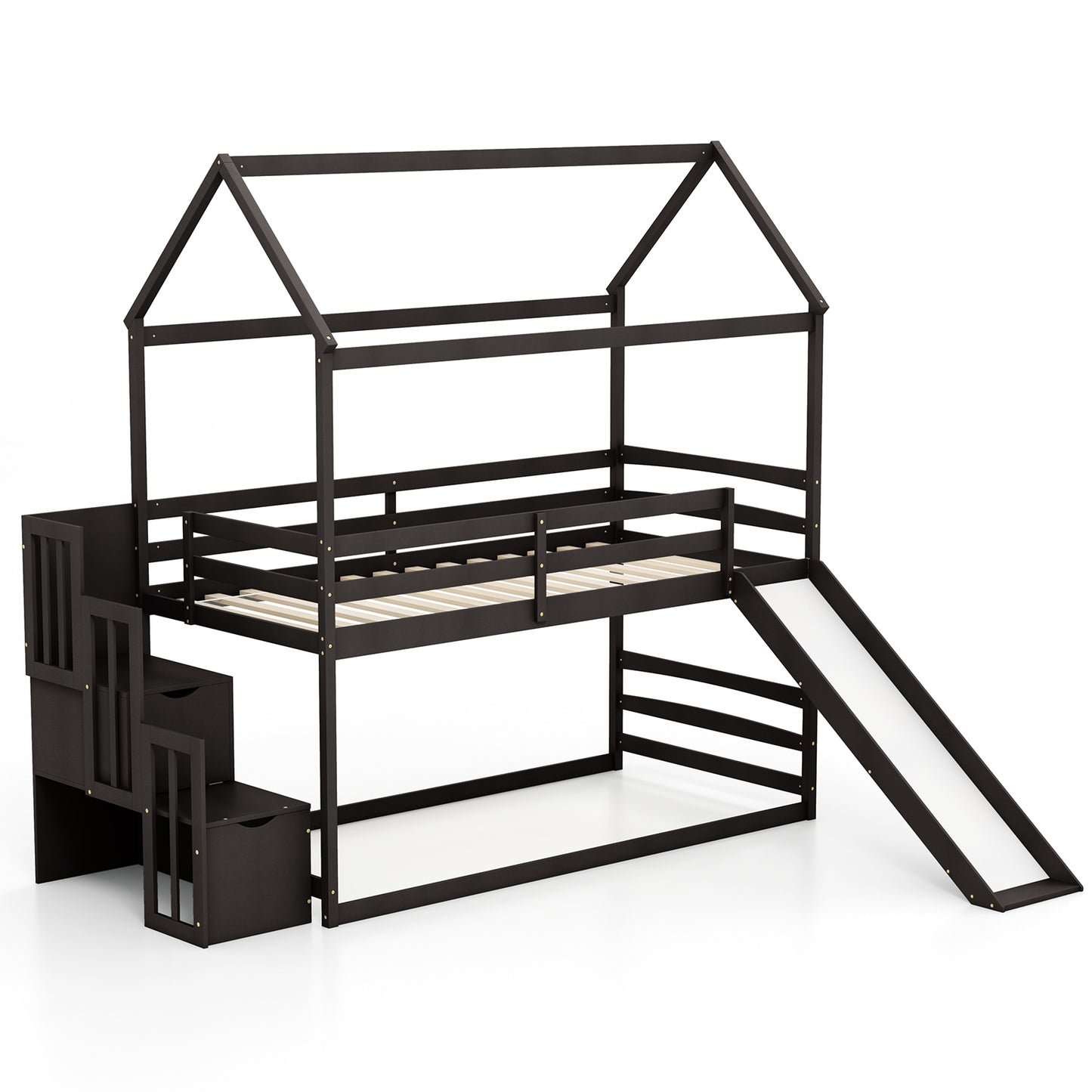 Whimsical Twin Loft Bed with Roof, Slide, and Storage Staircase for Kids - Espresso