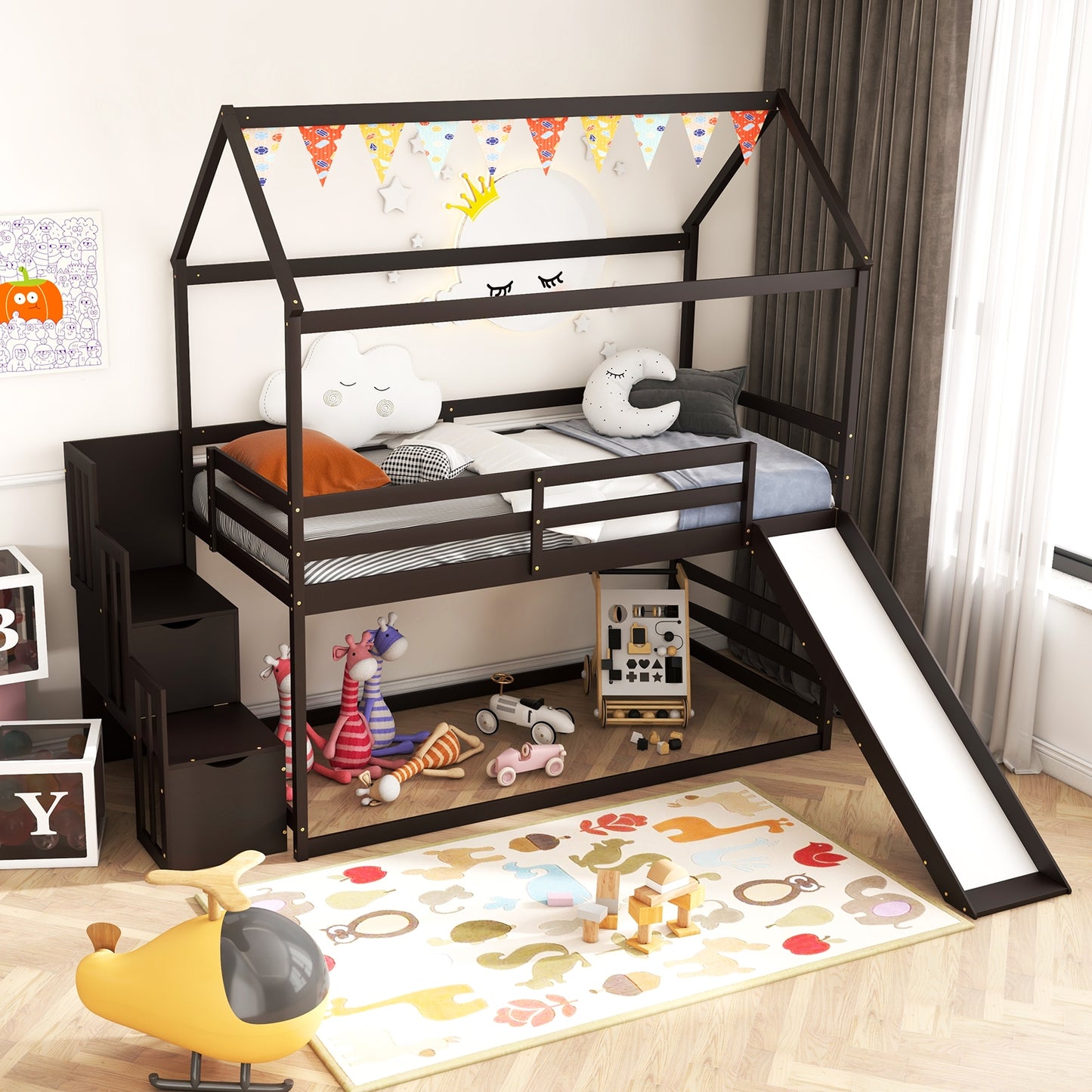 Whimsical Twin Loft Bed with Roof, Slide, and Storage Staircase for Kids - Espresso
