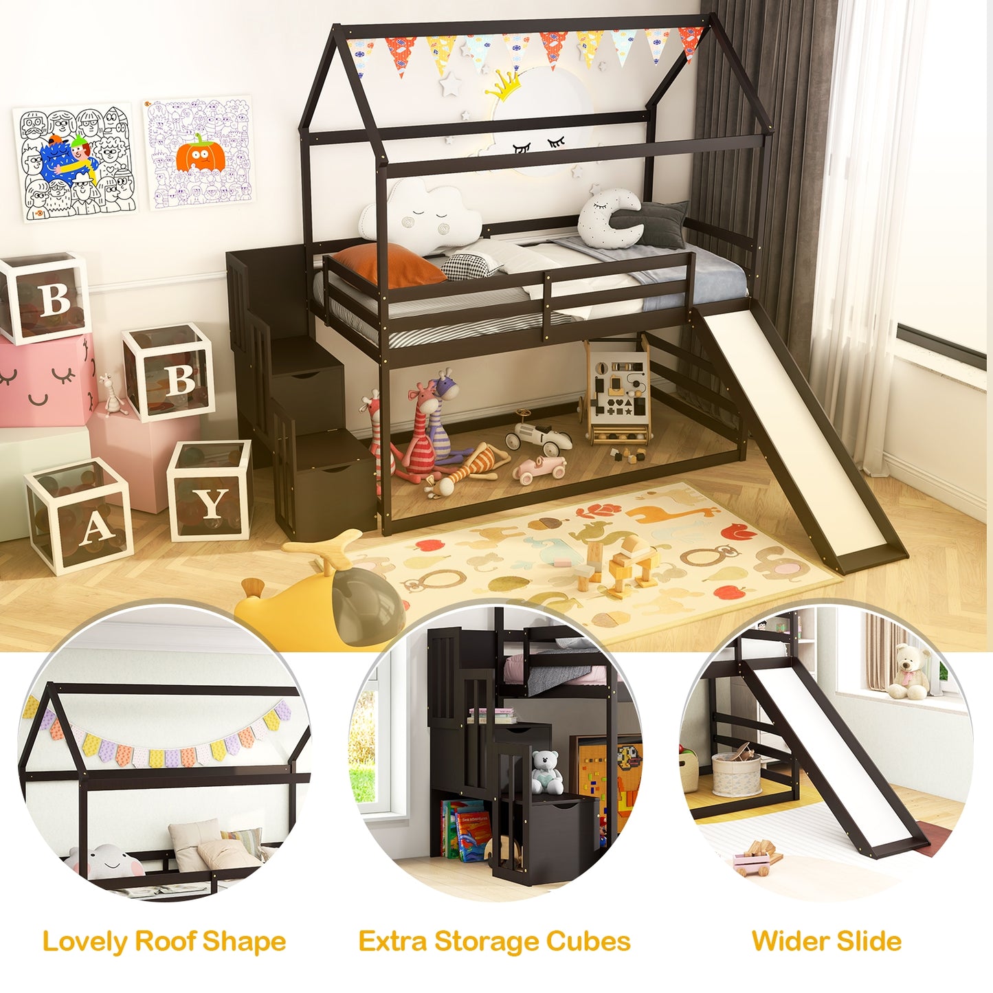 Whimsical Twin Loft Bed with Roof, Slide, and Storage Staircase for Kids - Espresso