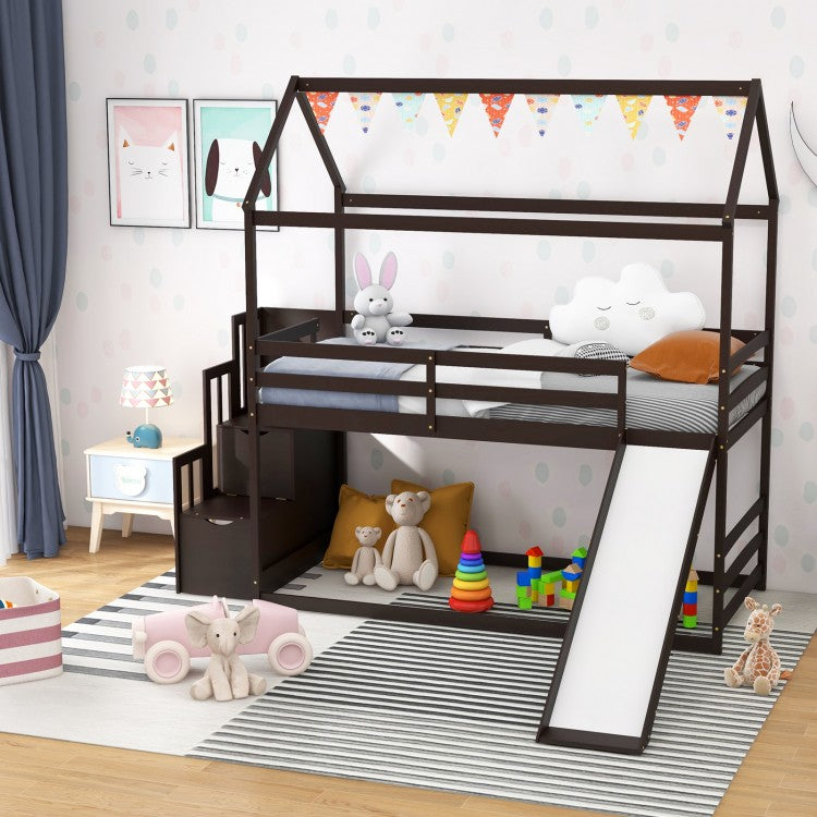 Whimsical Twin Loft Bed with Roof, Slide, and Storage Staircase for Kids - Espresso