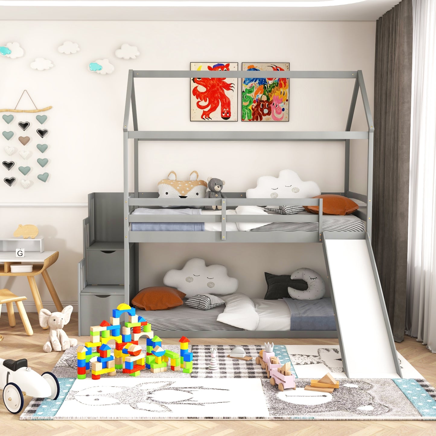 Whimsical Twin Loft Bed with Roof, Slide, and Storage Staircase for Kids - Grey