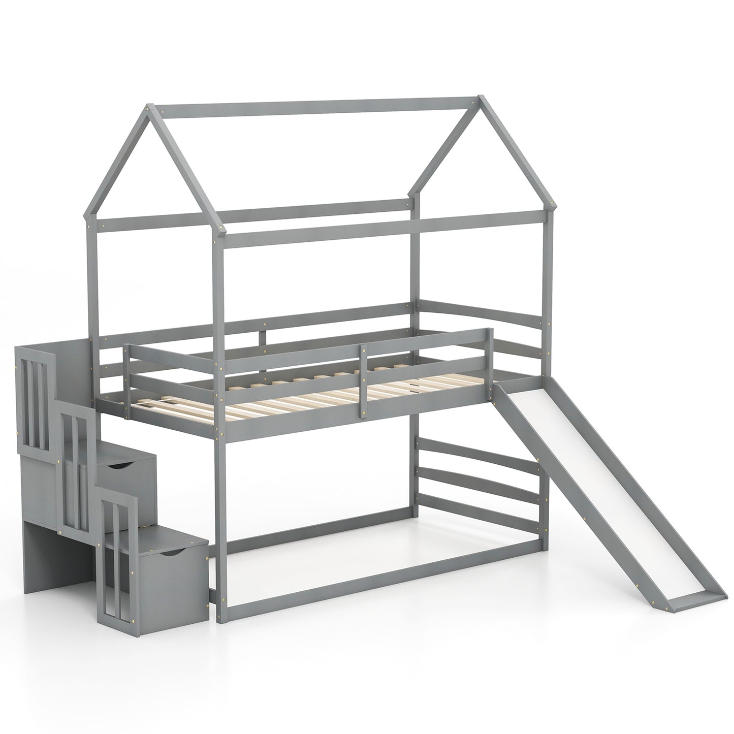 Whimsical Twin Loft Bed with Roof, Slide, and Storage Staircase for Kids - Grey