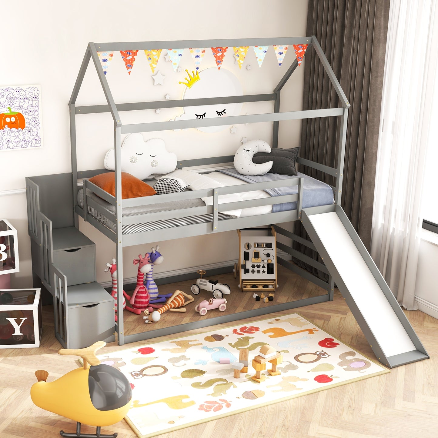 Whimsical Twin Loft Bed with Roof, Slide, and Storage Staircase for Kids - Grey