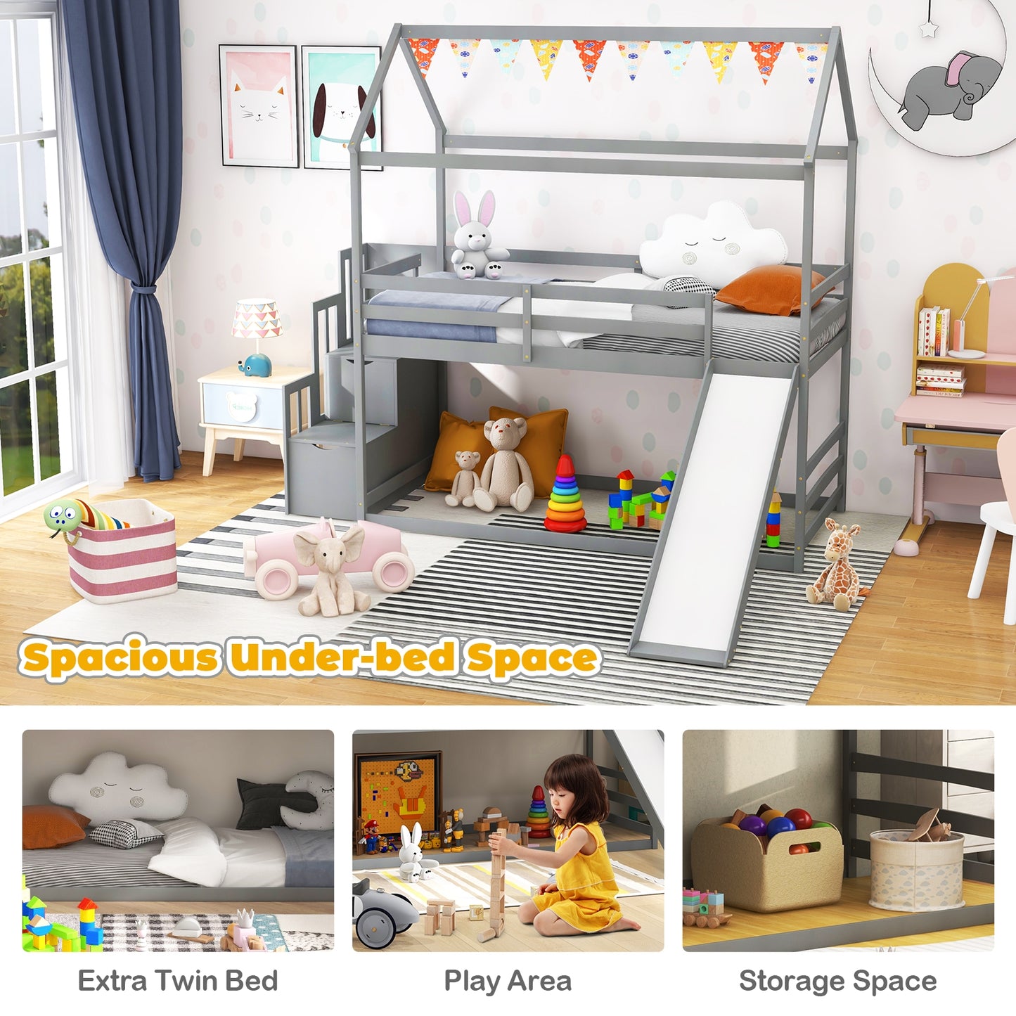 Whimsical Twin Loft Bed with Roof, Slide, and Storage Staircase for Kids - Grey