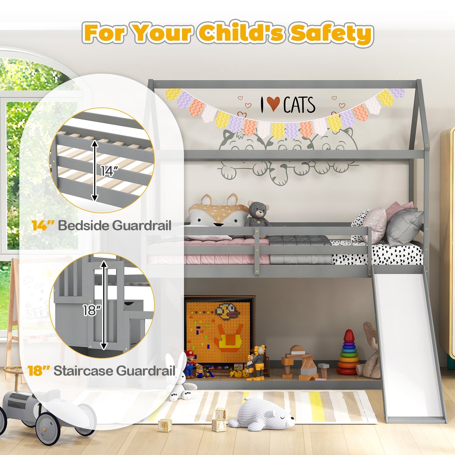 Whimsical Twin Loft Bed with Roof, Slide, and Storage Staircase for Kids - Grey