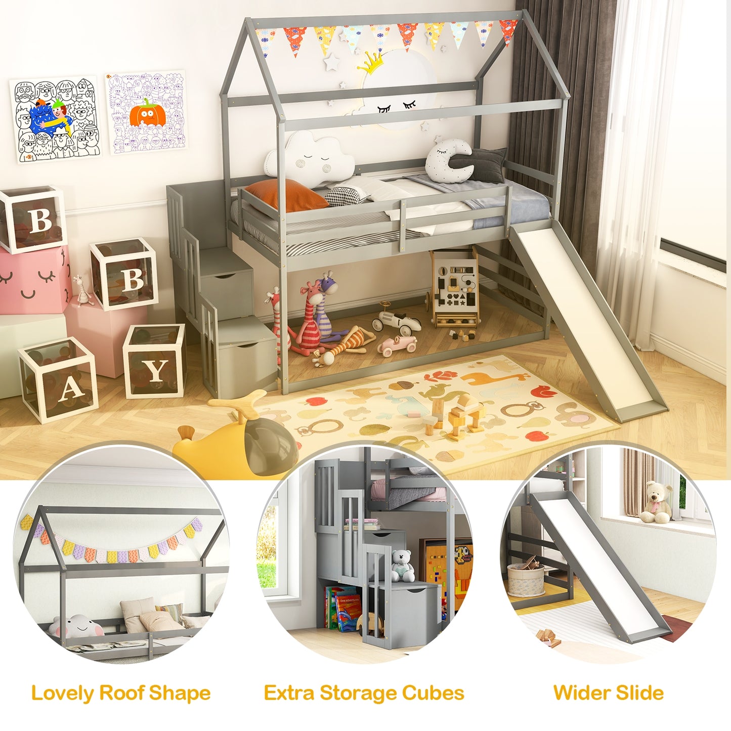 Whimsical Twin Loft Bed with Roof, Slide, and Storage Staircase for Kids - Grey