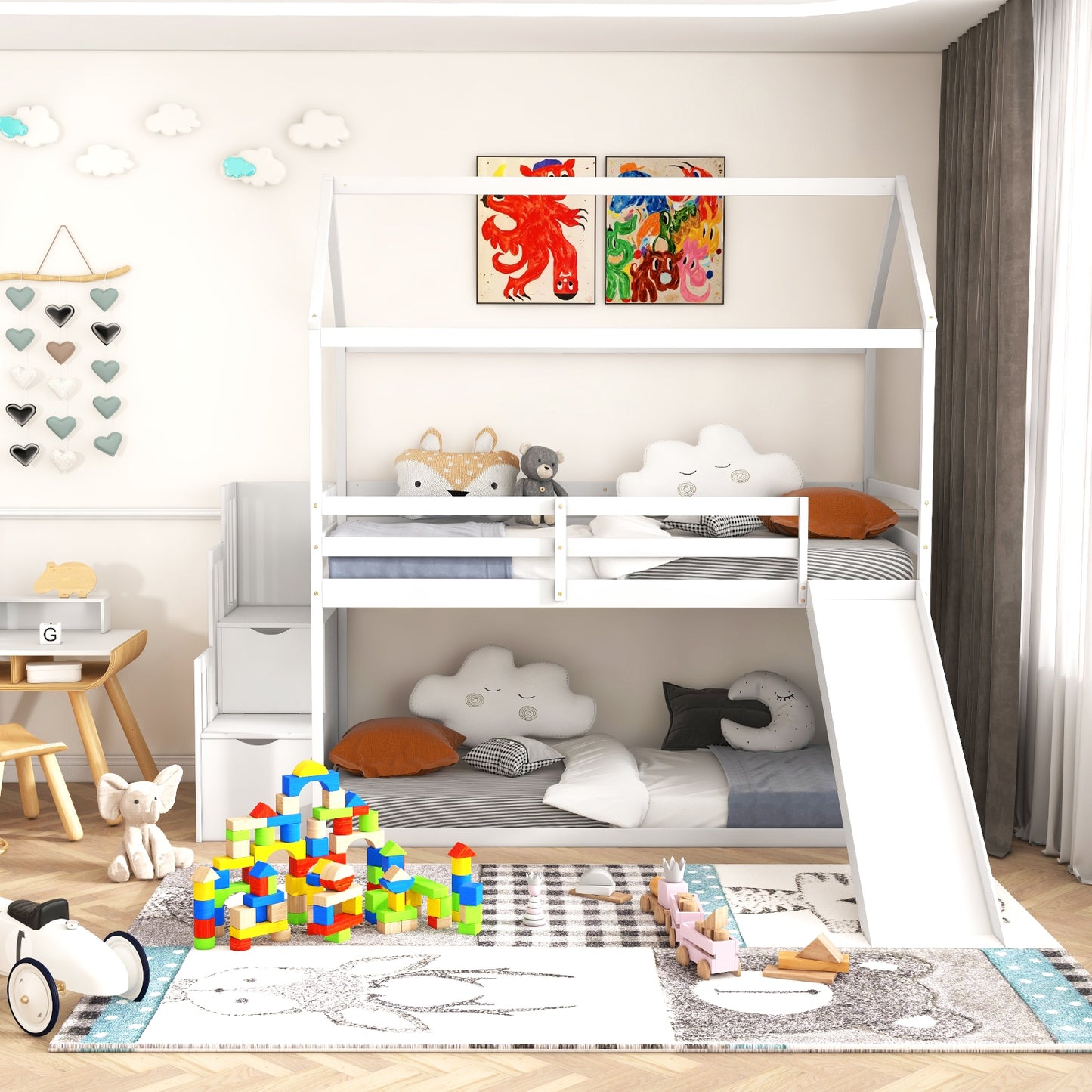 Whimsical Twin Loft Bed with Roof, Slide, and Storage Staircase for Kids - White