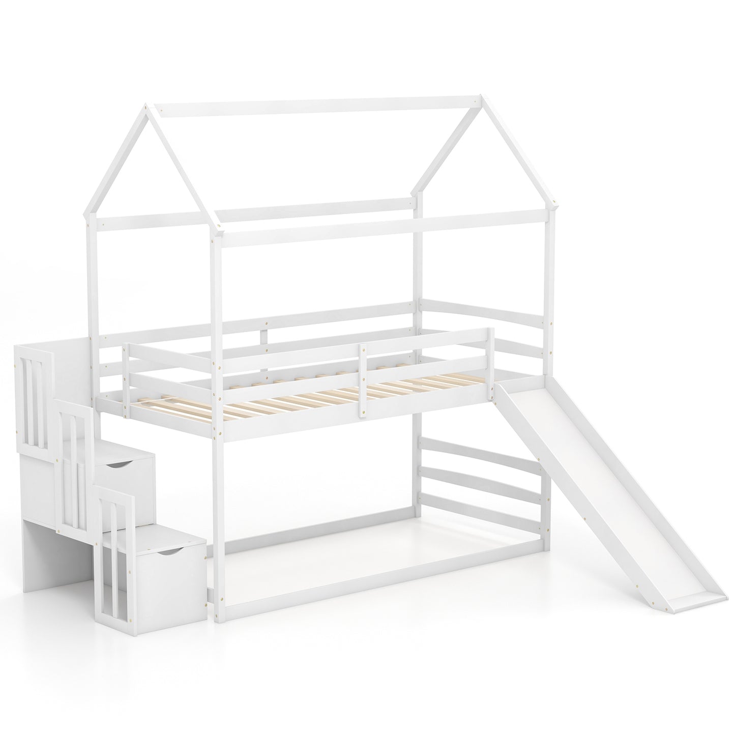Whimsical Twin Loft Bed with Roof, Slide, and Storage Staircase for Kids - White