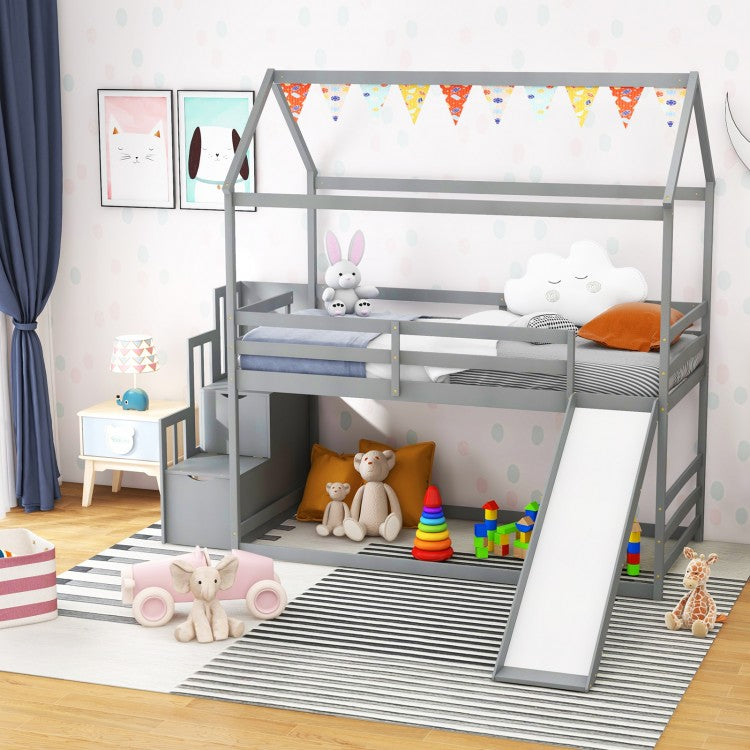 Whimsical Twin Loft Bed with Roof, Slide, and Storage Staircase for Kids - Grey