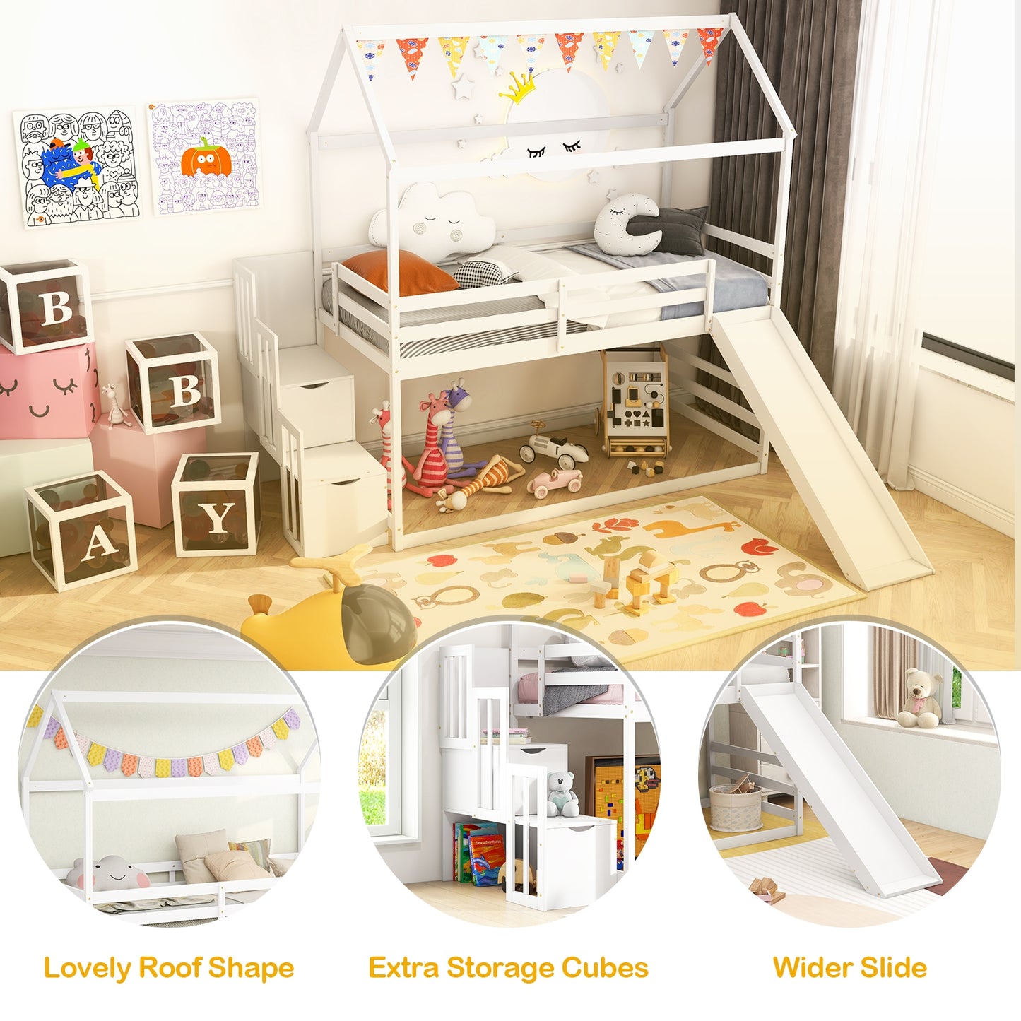 Whimsical Twin Loft Bed with Roof, Slide, and Storage Staircase for Kids - White