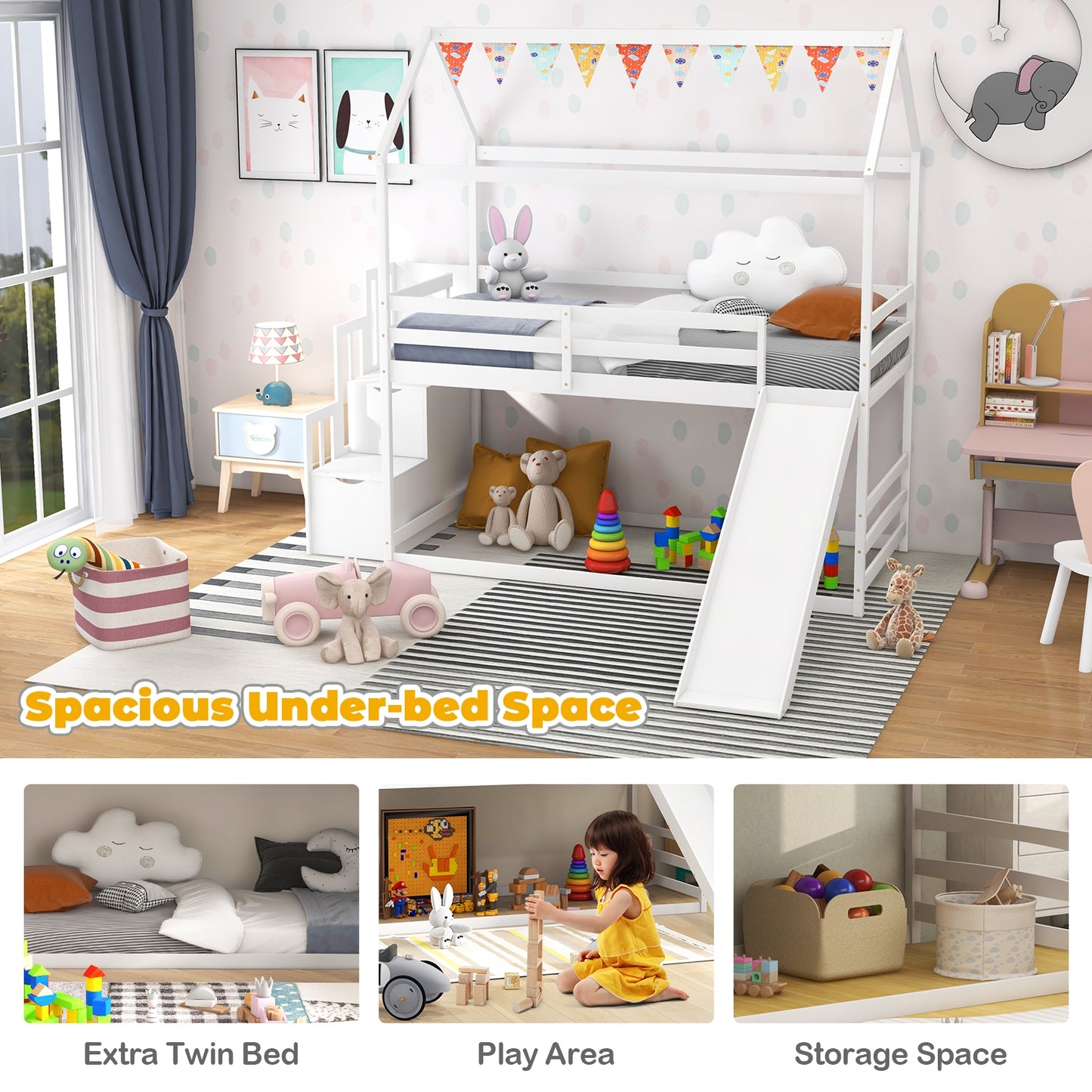 Whimsical Twin Loft Bed with Roof, Slide, and Storage Staircase for Kids - White
