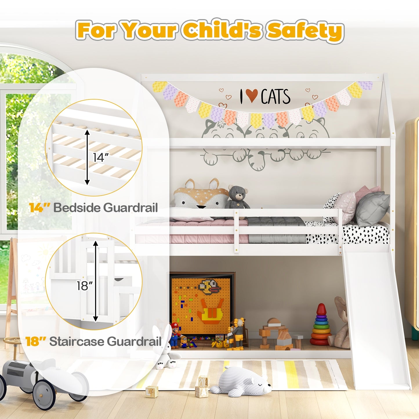 Whimsical Twin Loft Bed with Roof, Slide, and Storage Staircase for Kids - White