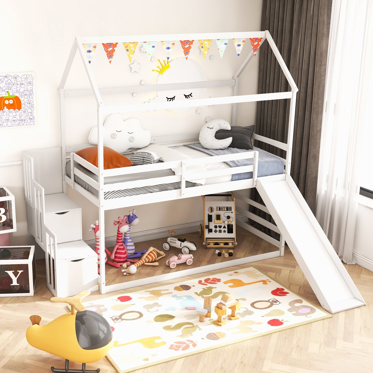 Whimsical Twin Loft Bed with Roof, Slide, and Storage Staircase for Kids - White