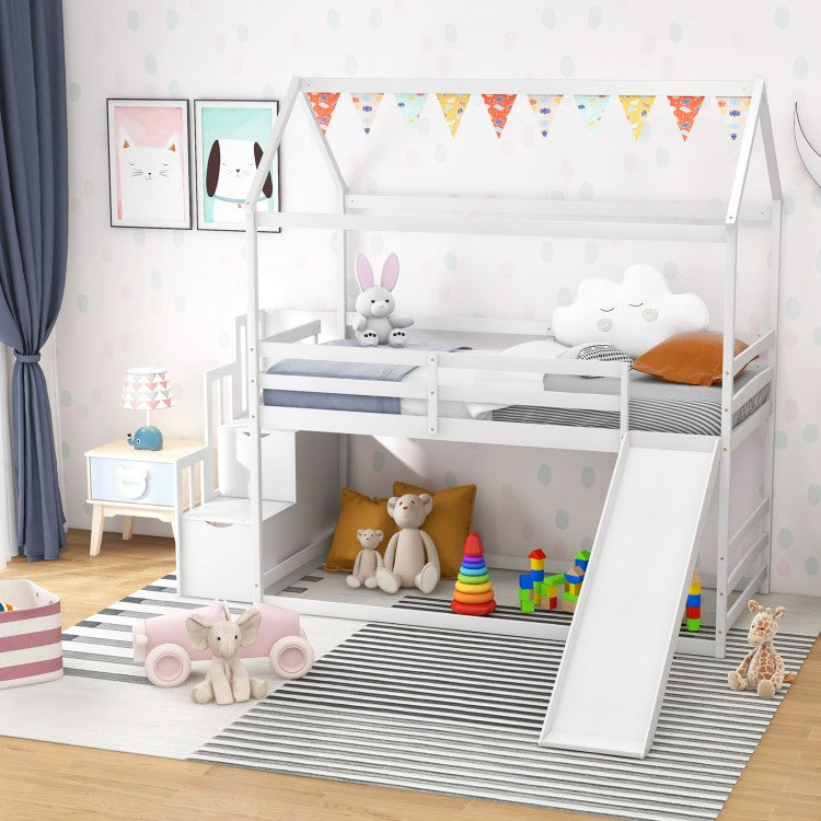 Whimsical Twin Loft Bed with Roof, Slide, and Storage Staircase for Kids - White